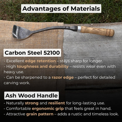 Hand-forged Spoon Bent Gouge woodworking tool with ash wood handle and carbon steel blade