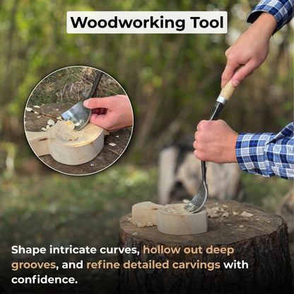 Hand-forged Spoon Bent Gouge woodworking tool with ash wood handle and carbon steel blade