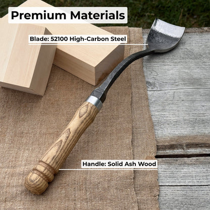 Hand-forged Spoon Bent Gouge woodworking tool with ash wood handle and carbon steel blade