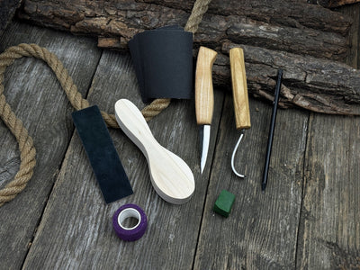 Spoon Carving for Beginners DIY Whittling Kit with knives, wooden blank, sandpaper, and sharpening tools