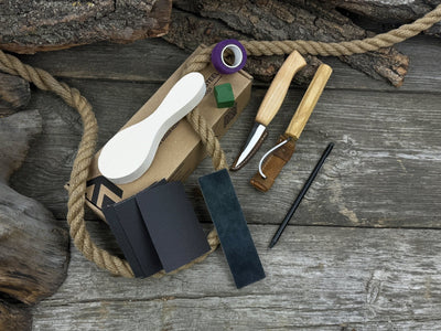 Spoon Carving for Beginners DIY Whittling Kit with knives, wooden blank, sandpaper, and sharpening tools