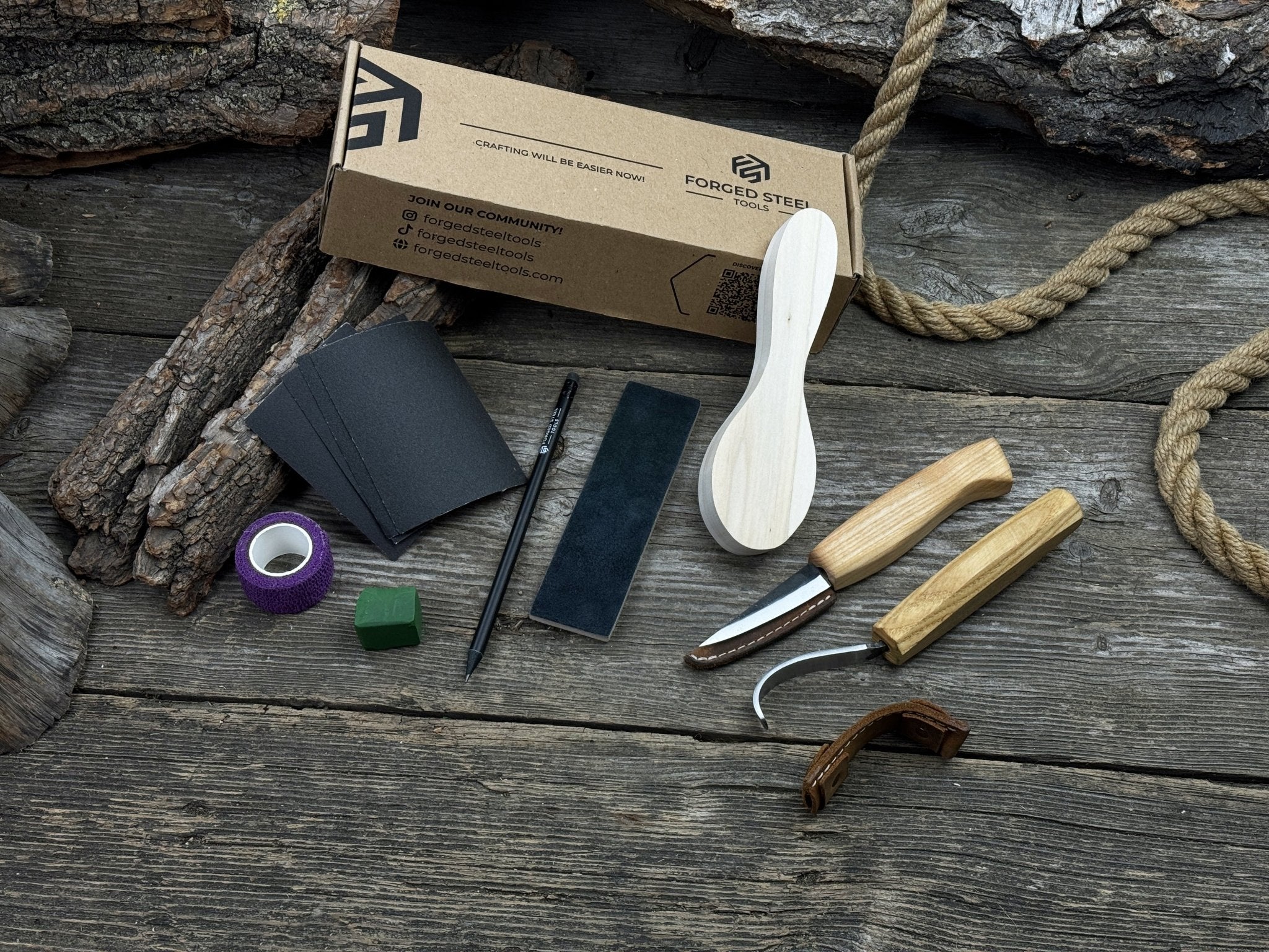 Spoon Carving for Beginners DIY Whittling Kit with knives, wooden blank, sandpaper, and sharpening tools