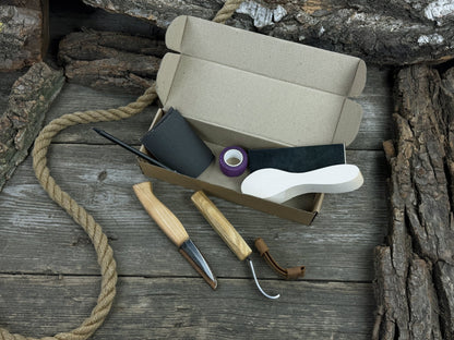 Spoon Carving for Beginners DIY Whittling Kit with knives, wooden blank, sandpaper, and sharpening tools