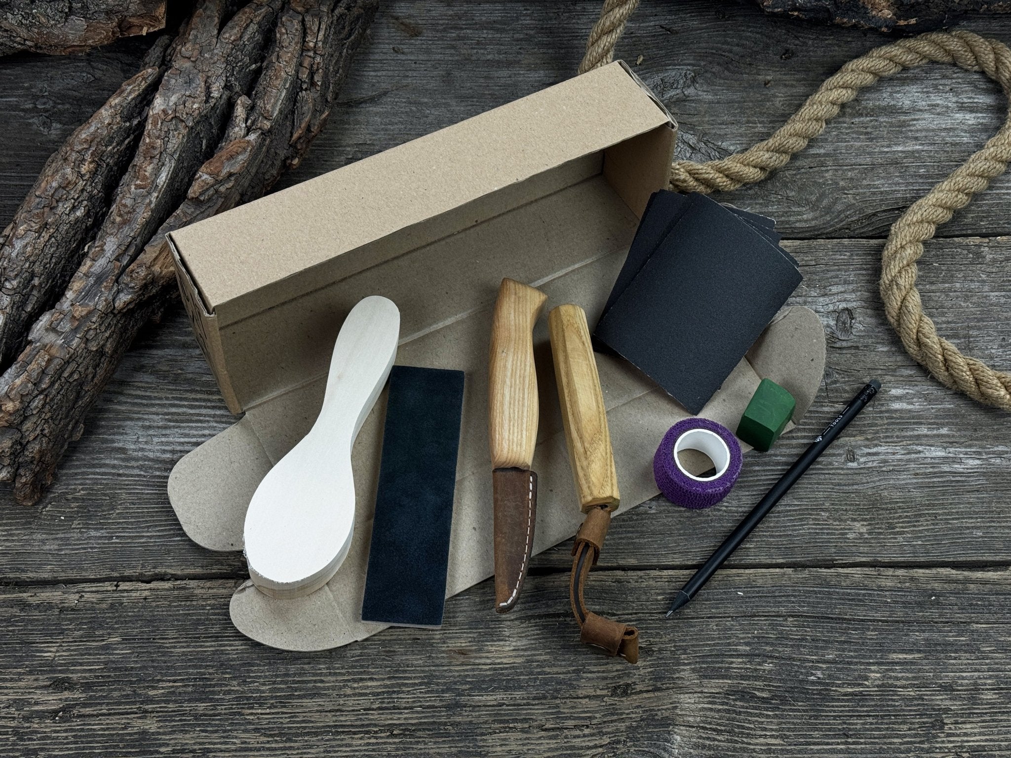 Spoon Carving for Beginners DIY Whittling Kit with knives, wooden blank, sandpaper, and sharpening tools