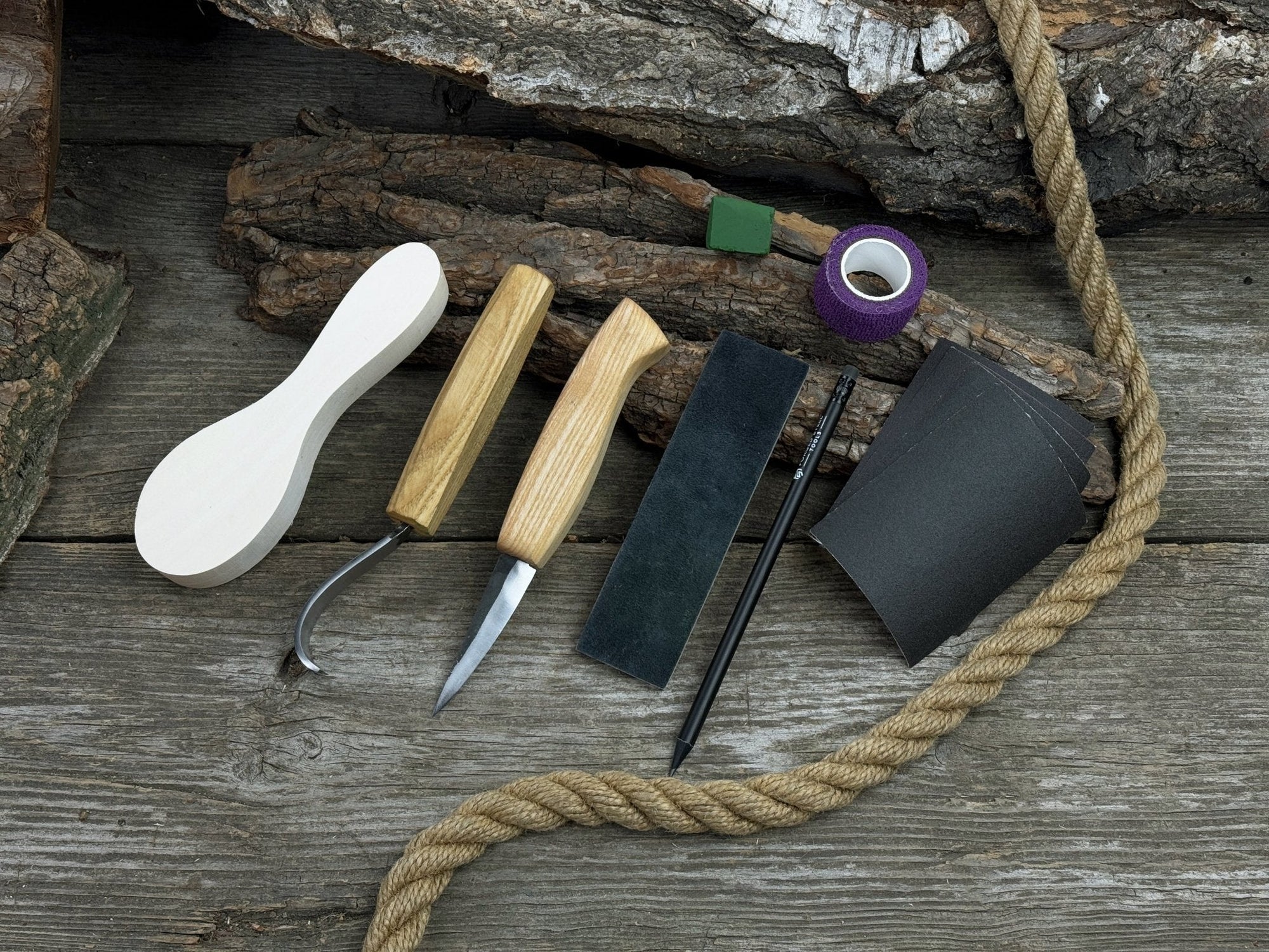 Spoon Carving for Beginners DIY Whittling Kit with knives, wooden blank, sandpaper, and sharpening tools