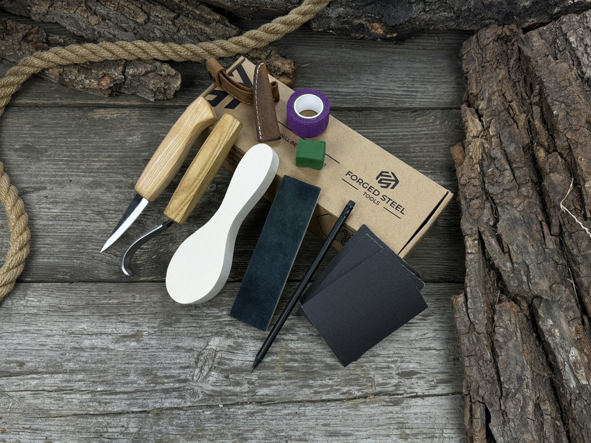 Spoon Carving for Beginners DIY Whittling Kit with knives, wooden blank, sandpaper, and sharpening tools