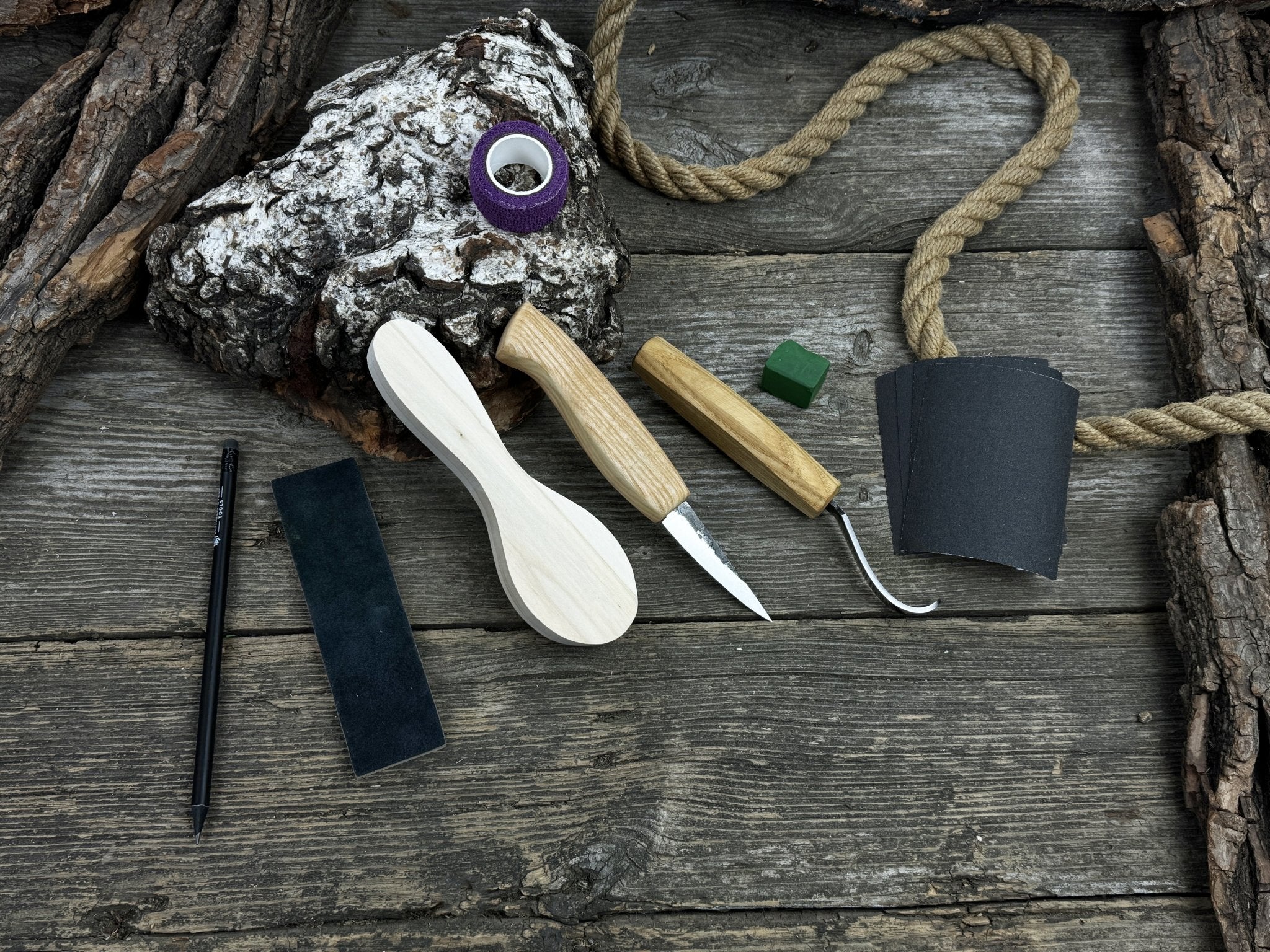Spoon Carving for Beginners DIY Whittling Kit with knives, wooden blank, sandpaper, and sharpening tools
