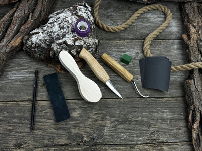 Spoon Carving for Beginners DIY Whittling Kit with knives, wooden blank, sandpaper, and sharpening tools