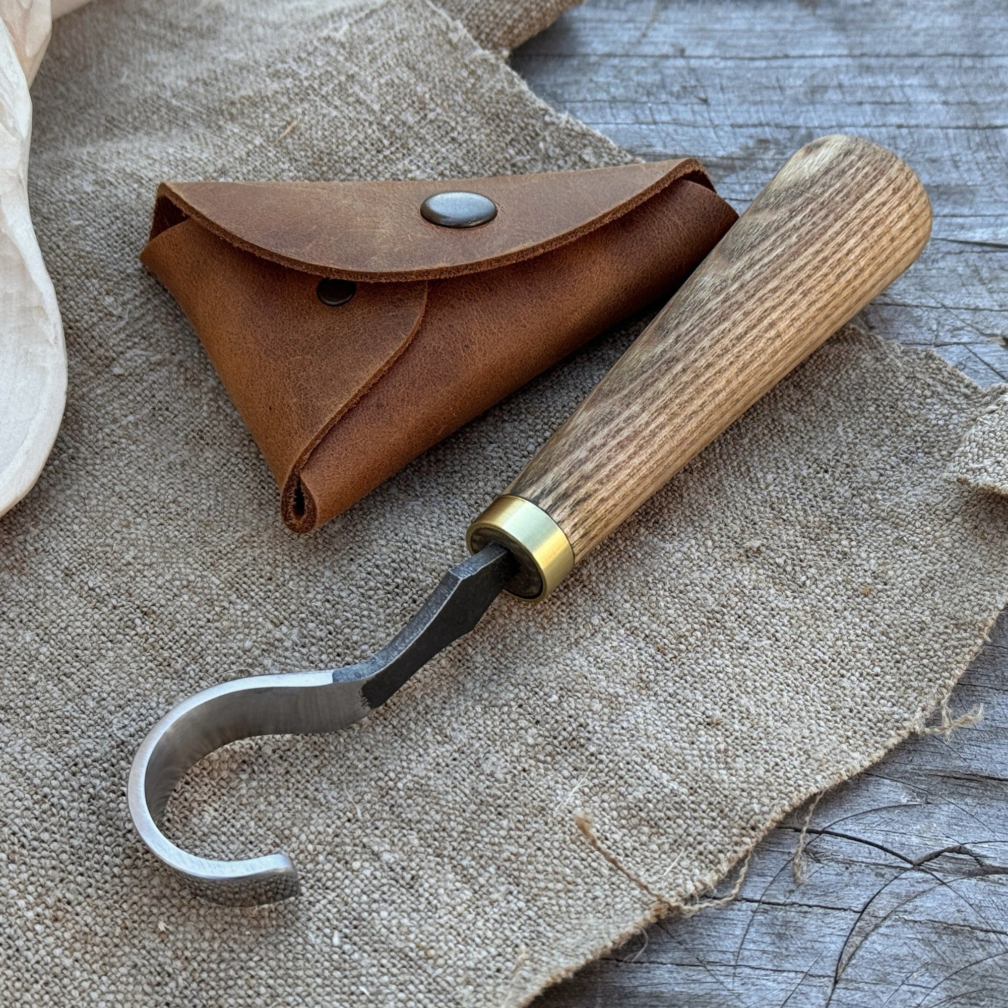 Spoon Carving Hook Knife with 3 cm blade and leather case by Sharky Forged Steel Tools