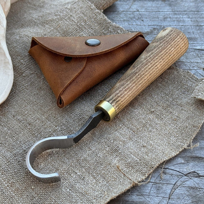 Spoon Carving Hook Knife with 3 cm blade and leather case by Sharky Forged Steel Tools