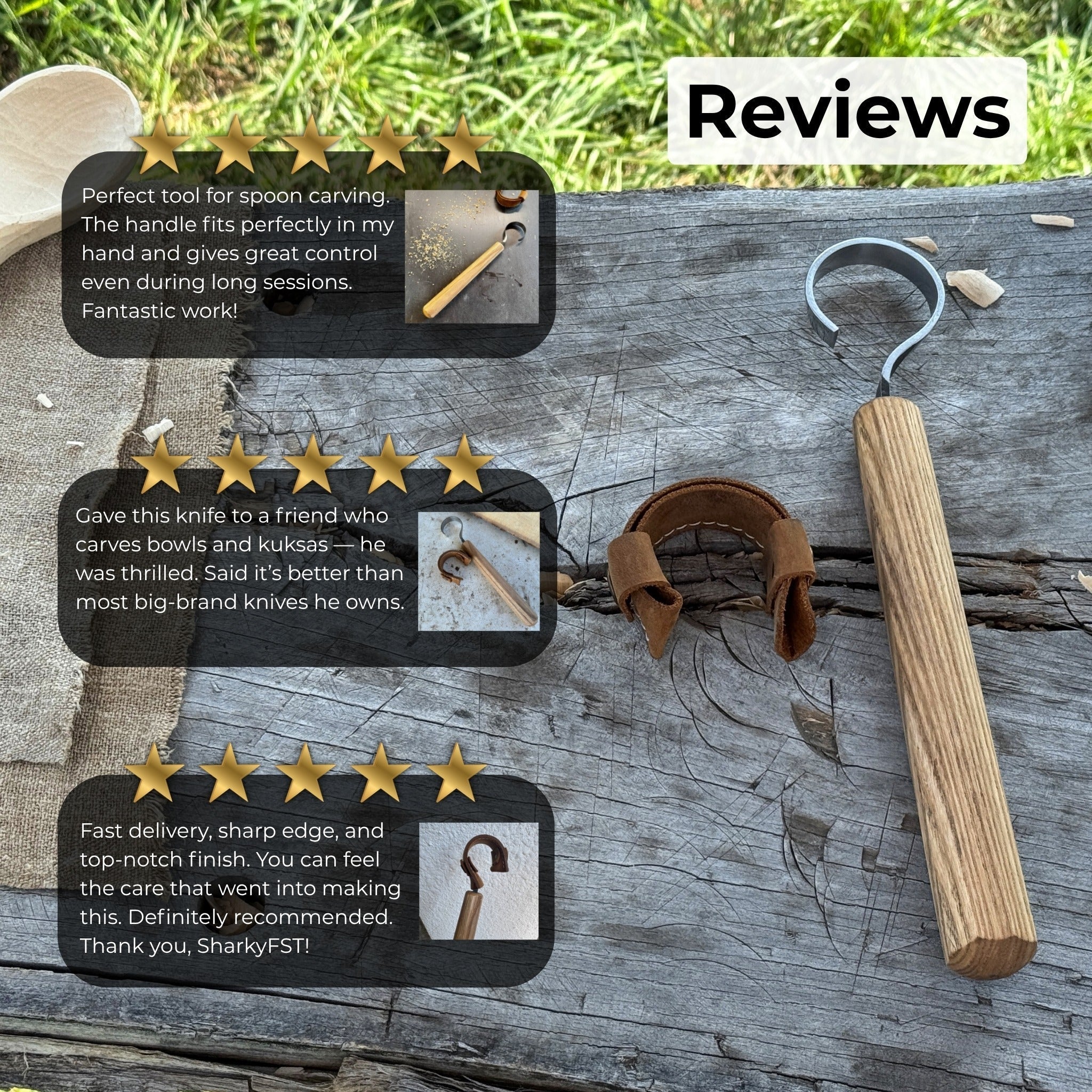 Hand-forged spoon carving hook knife with curved blade and ash wood handle