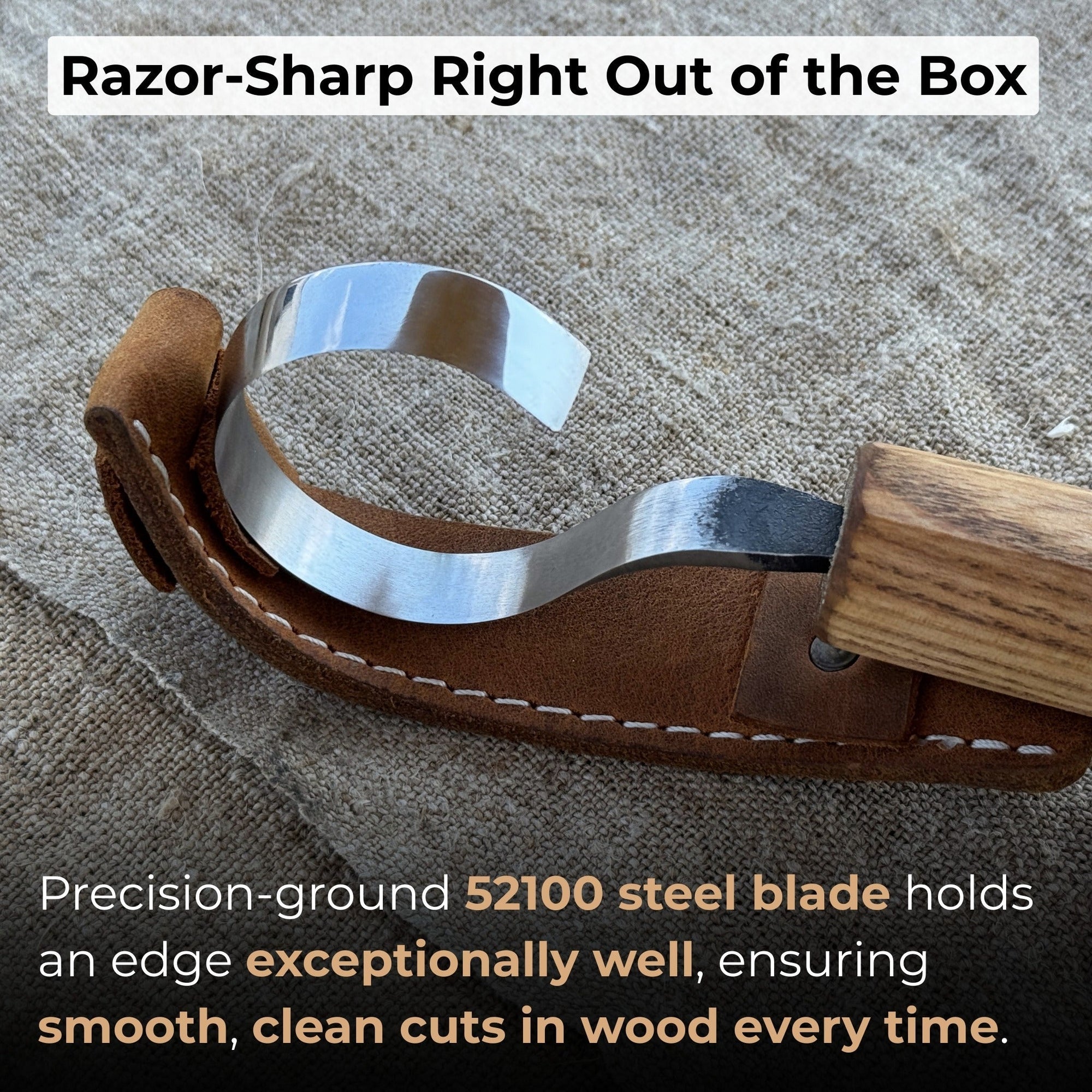 Hand-forged spoon carving hook knife with curved blade and ash wood handle