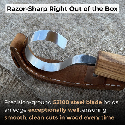 Hand-forged spoon carving hook knife with curved blade and ash wood handle
