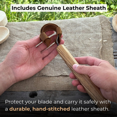 Hand-forged spoon carving hook knife with curved blade and ash wood handle