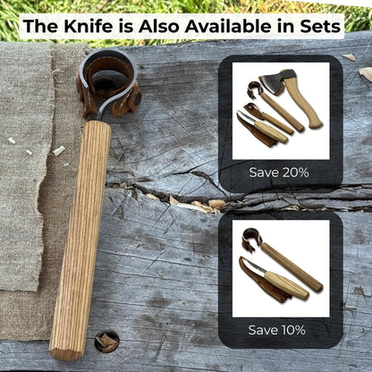 Hand-forged spoon carving hook knife with curved blade and ash wood handle