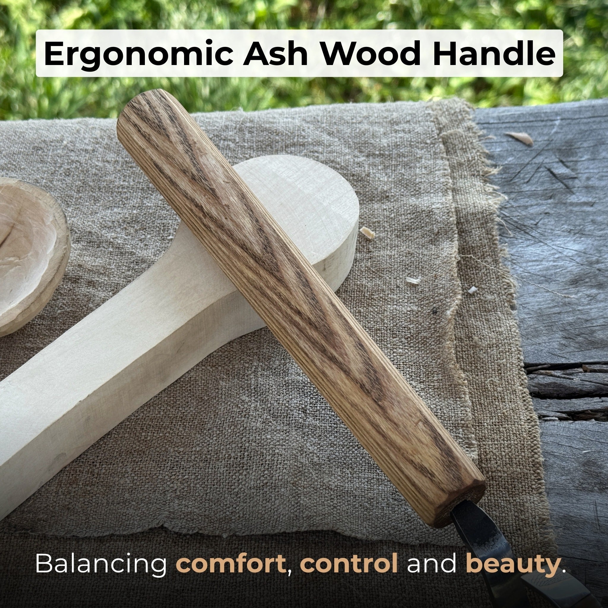 Hand-forged spoon carving hook knife with curved blade and ash wood handle