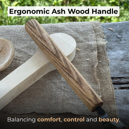 Hand-forged spoon carving hook knife with curved blade and ash wood handle