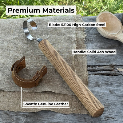 Hand-forged spoon carving hook knife with curved blade and ash wood handle
