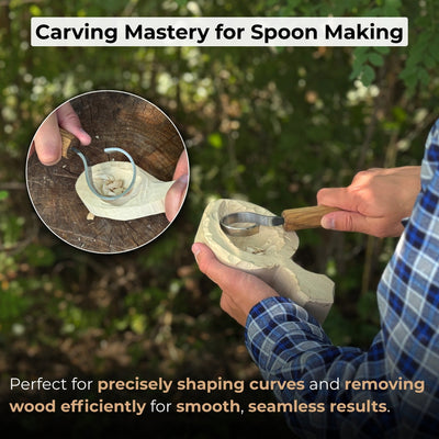 Hand-forged spoon carving hook knife with curved blade and ash wood handle