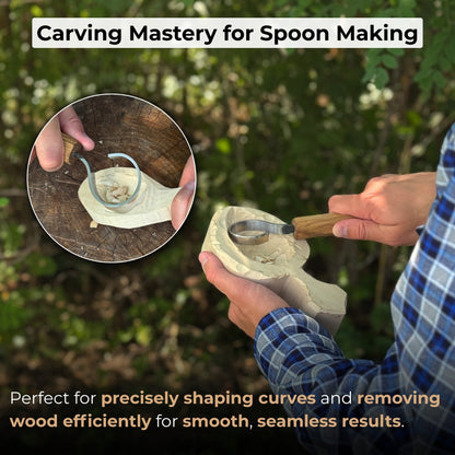 Hand-forged spoon carving hook knife with curved blade and ash wood handle
