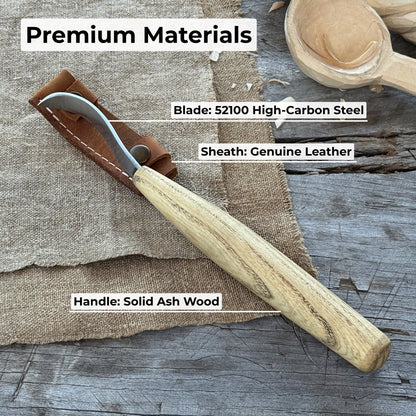 Spoon carving hook knife with 6 cm blade and leather case by Sharky Forged Steel Tools