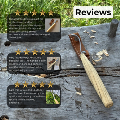 Spoon carving hook knife with 6 cm blade and leather case by Sharky Forged Steel Tools