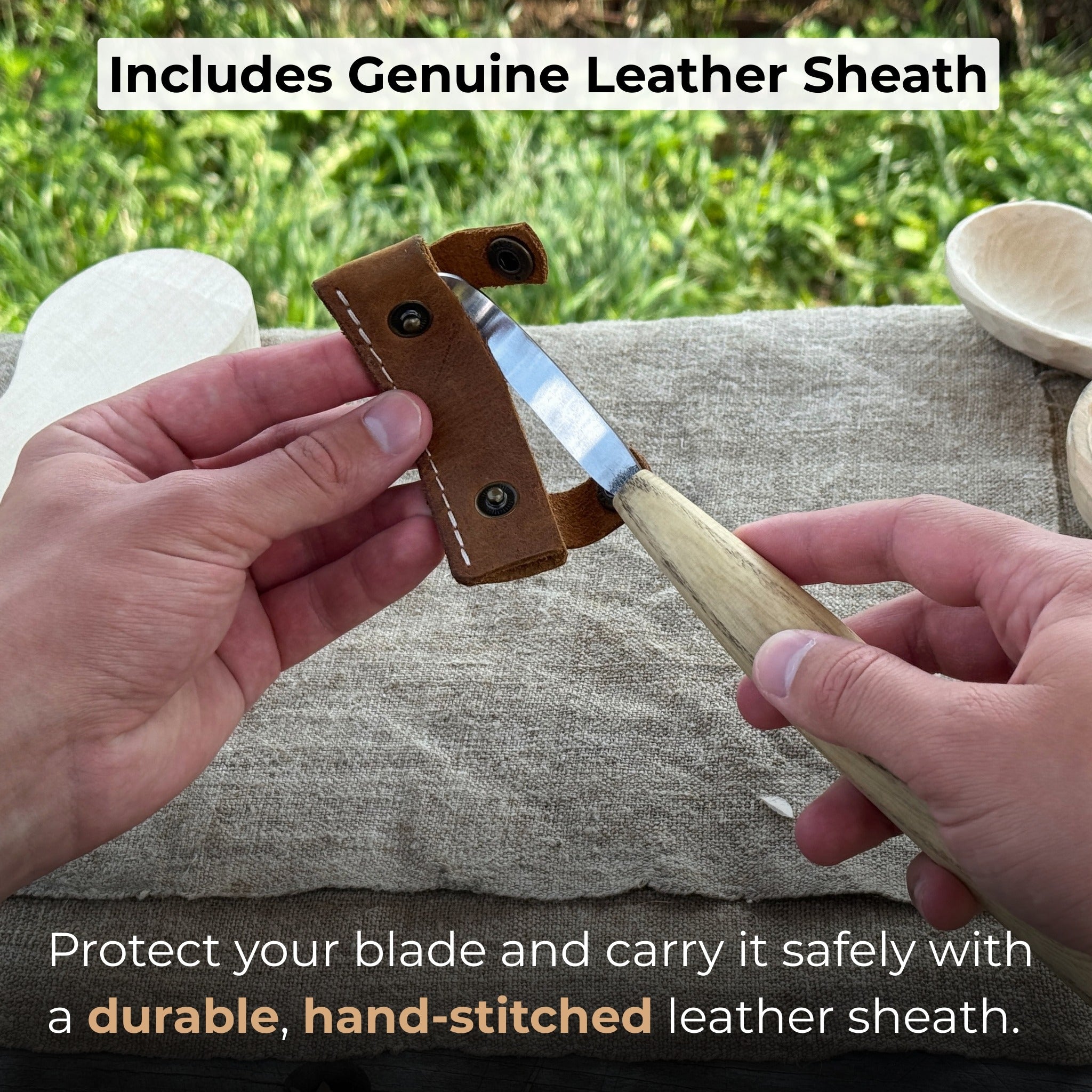 Spoon carving hook knife with 6 cm blade and leather case by Sharky Forged Steel Tools