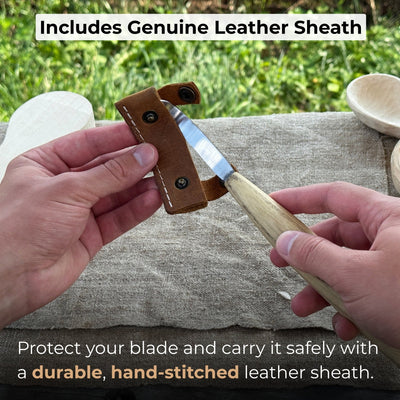 Spoon carving hook knife with 6 cm blade and leather case by Sharky Forged Steel Tools