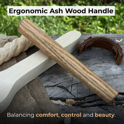 Spoon carving hook knife with large curved blade and ash wood handle by Sharky Forged Steel Tools