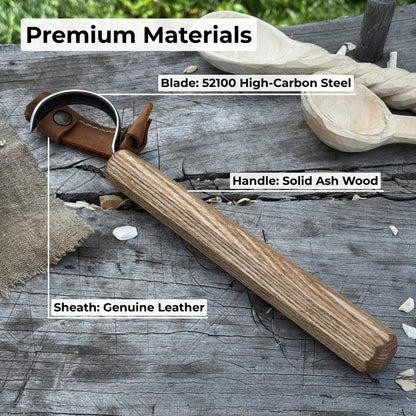 Spoon carving hook knife with large curved blade and ash wood handle by Sharky Forged Steel Tools