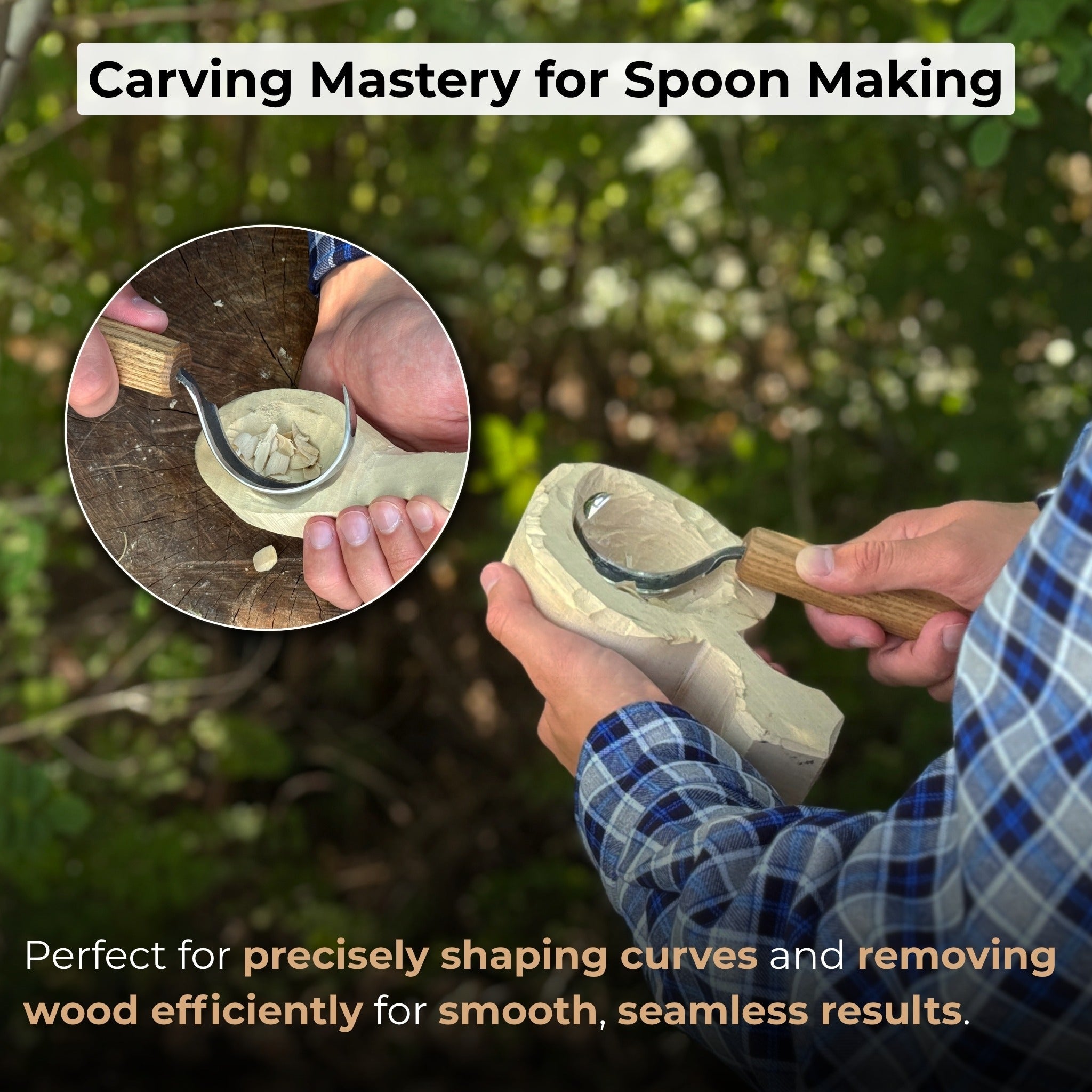 Spoon carving hook knife with large curved blade and ash wood handle by Sharky Forged Steel Tools