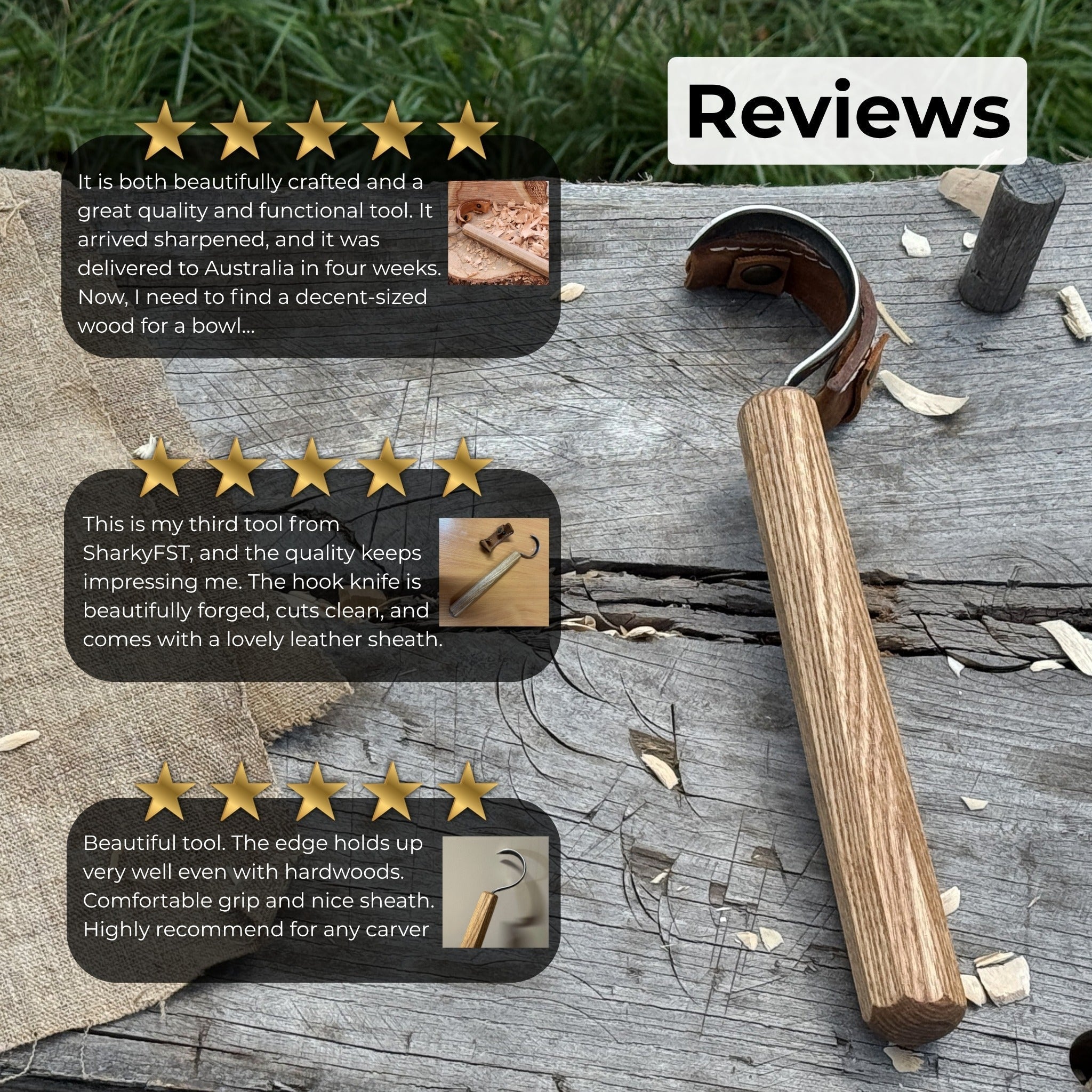 Spoon carving hook knife with large curved blade and ash wood handle by Sharky Forged Steel Tools