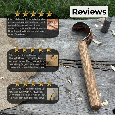 Spoon carving hook knife with large curved blade and ash wood handle by Sharky Forged Steel Tools