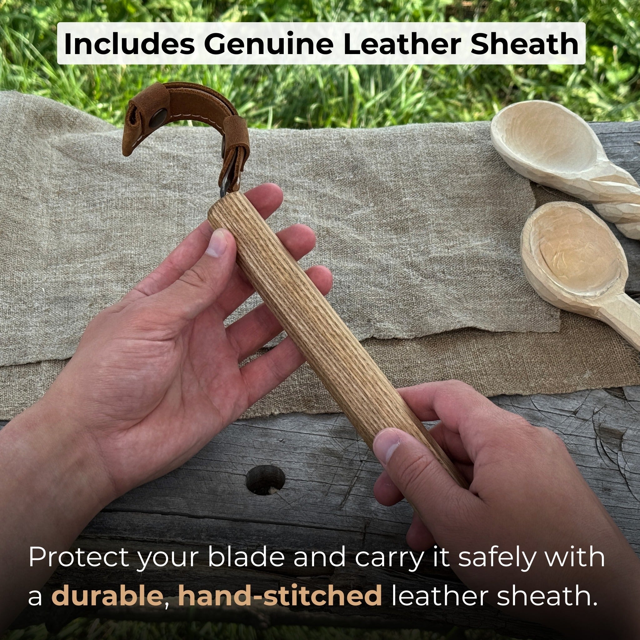 Spoon carving hook knife with large curved blade and ash wood handle by Sharky Forged Steel Tools