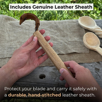 Spoon carving hook knife with large curved blade and ash wood handle by Sharky Forged Steel Tools