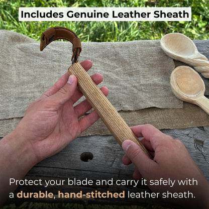 Spoon carving hook knife with large curved blade and ash wood handle by Sharky Forged Steel Tools