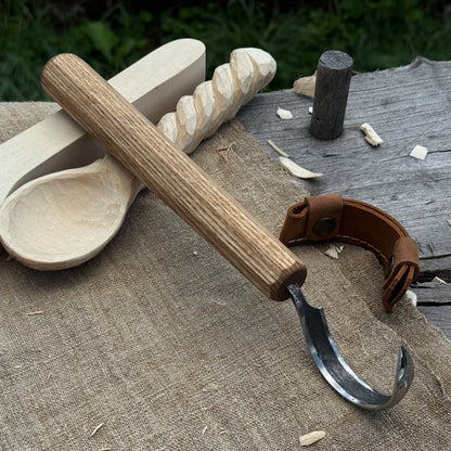 Spoon carving hook knife with large curved blade and ash wood handle by Sharky Forged Steel Tools