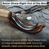 Spoon carving hook knife with large curved blade and ash wood handle by Sharky Forged Steel Tools