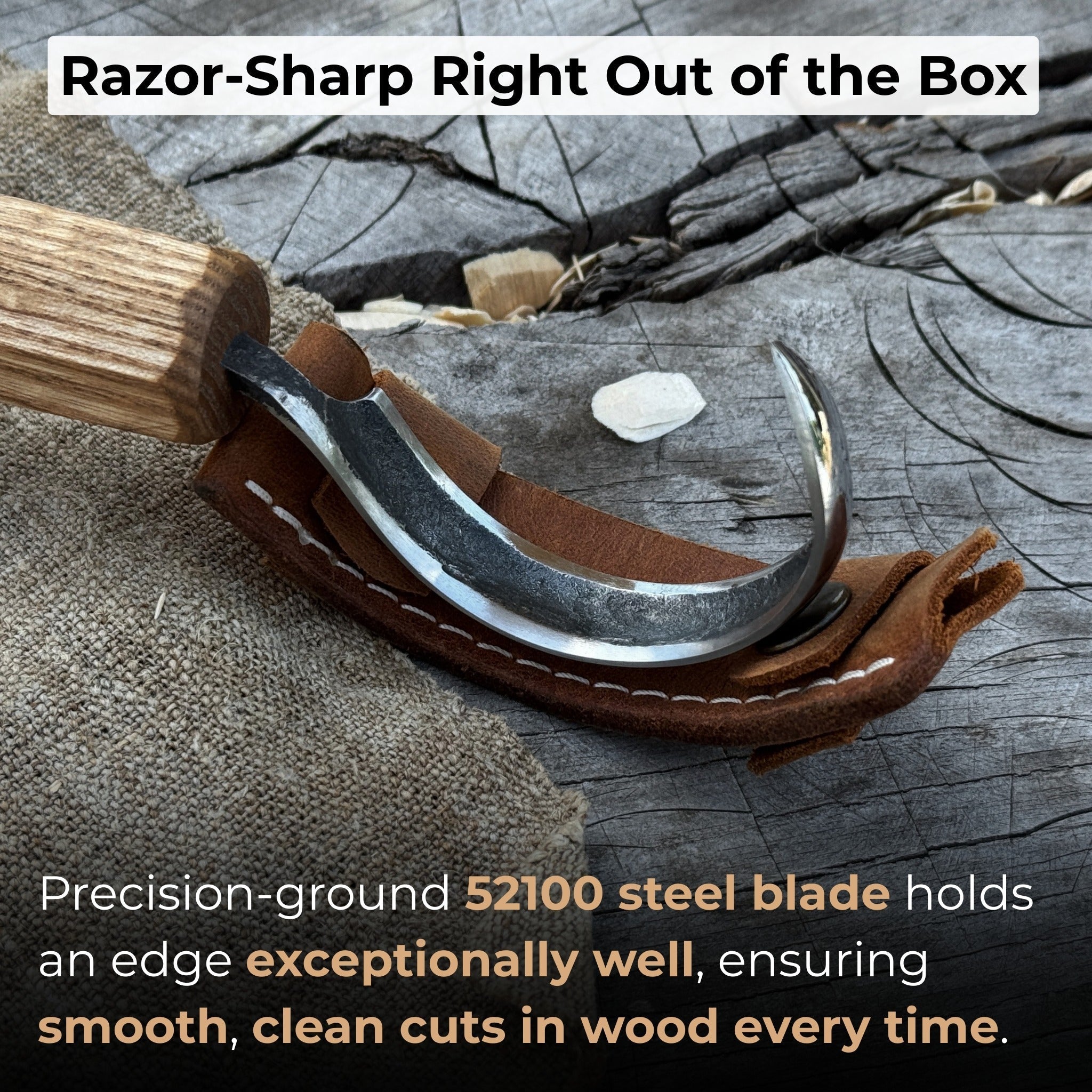 Spoon carving hook knife with large curved blade and ash wood handle by Sharky Forged Steel Tools