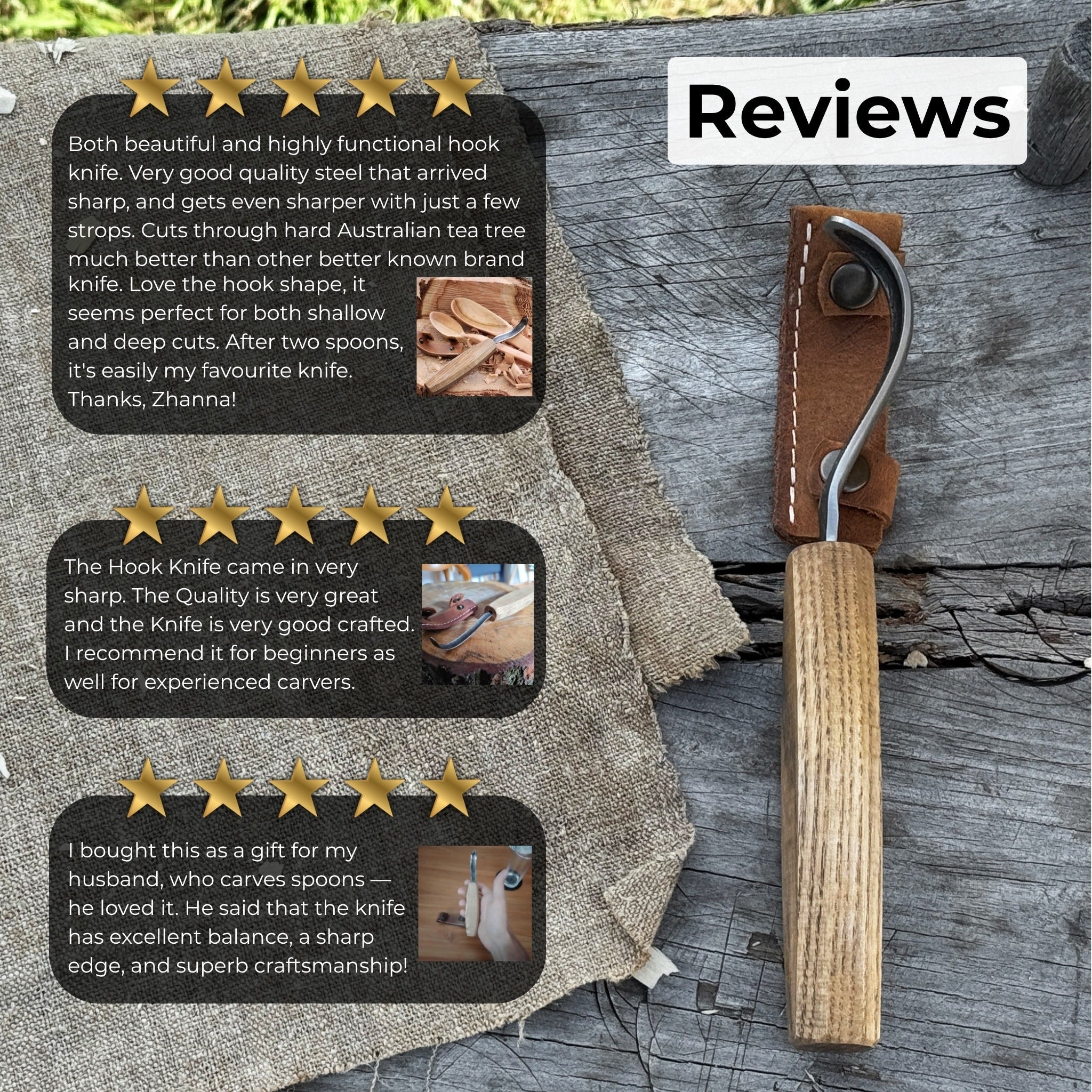 Spoon carving hook knife with long curved blade and wooden handle by Sharky Forged Steel Tools