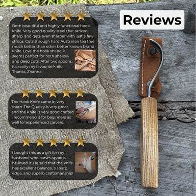 Spoon carving hook knife with long curved blade and wooden handle by Sharky Forged Steel Tools