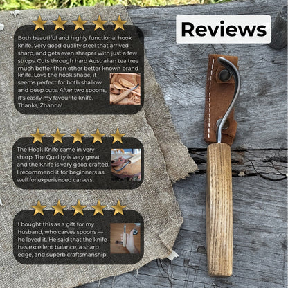 Spoon carving hook knife with long curved blade and wooden handle by Sharky Forged Steel Tools