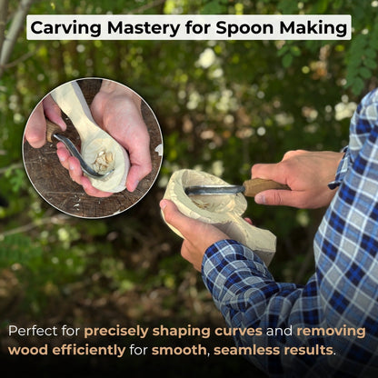 Spoon carving hook knife with long curved blade and wooden handle by Sharky Forged Steel Tools