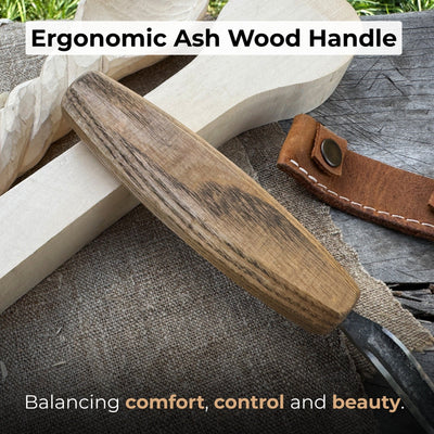 Spoon carving hook knife with long curved blade and wooden handle by Sharky Forged Steel Tools