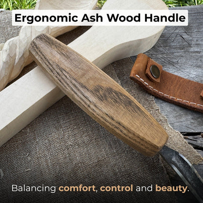 Spoon carving hook knife with long curved blade and wooden handle by Sharky Forged Steel Tools