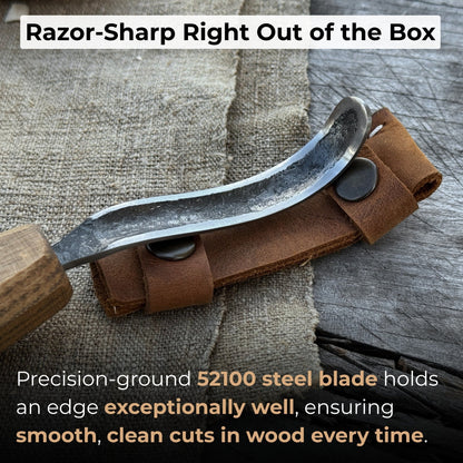 Spoon carving hook knife with long curved blade and wooden handle by Sharky Forged Steel Tools