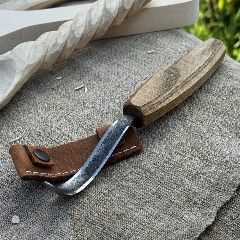 Spoon carving hook knife with long curved blade and wooden handle by Sharky Forged Steel Tools