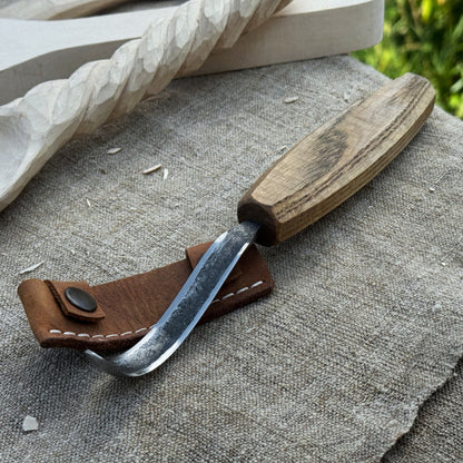 Spoon carving hook knife with long curved blade and wooden handle by Sharky Forged Steel Tools