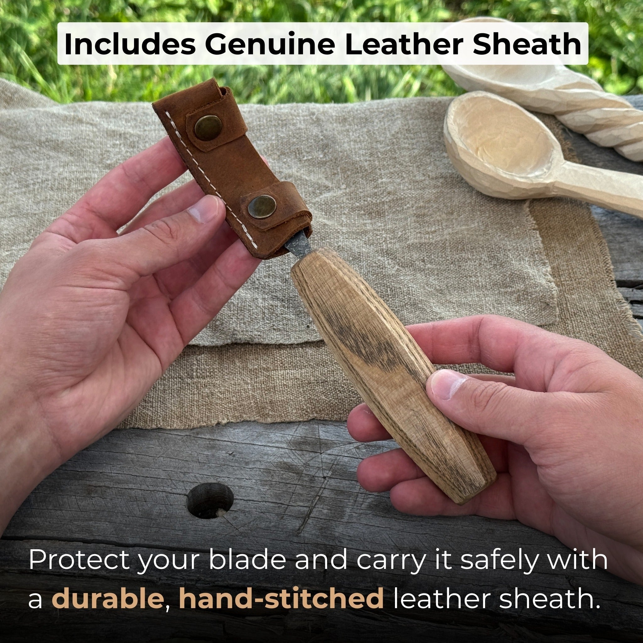 Spoon carving hook knife with long curved blade and wooden handle by Sharky Forged Steel Tools