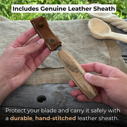Spoon carving hook knife with long curved blade and wooden handle by Sharky Forged Steel Tools